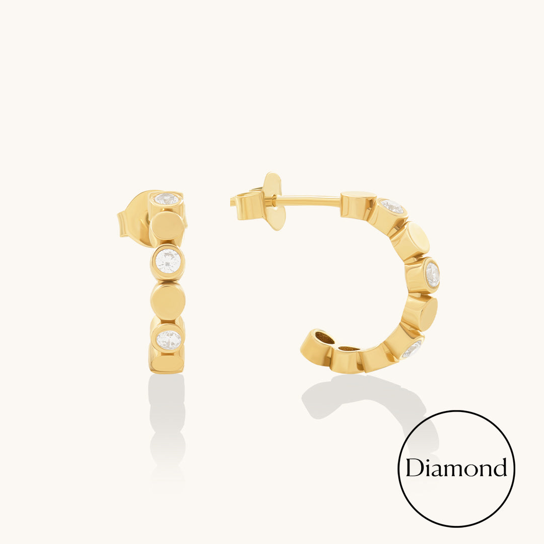 Bezel Diamond Open Hoop Earrings in Solid Gold
