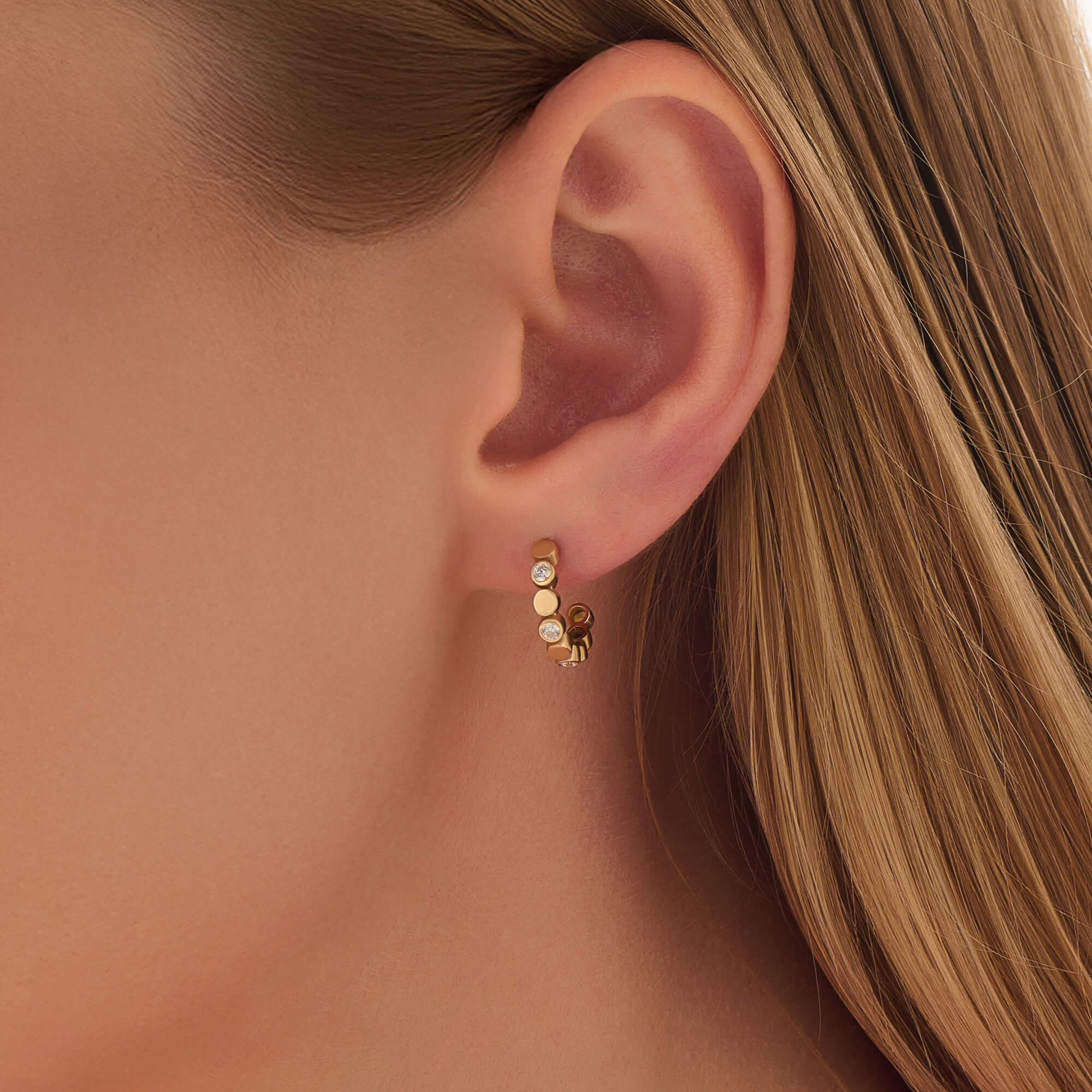 Women's Diamond Bezel Open Hoops in Solid Yellow Gold