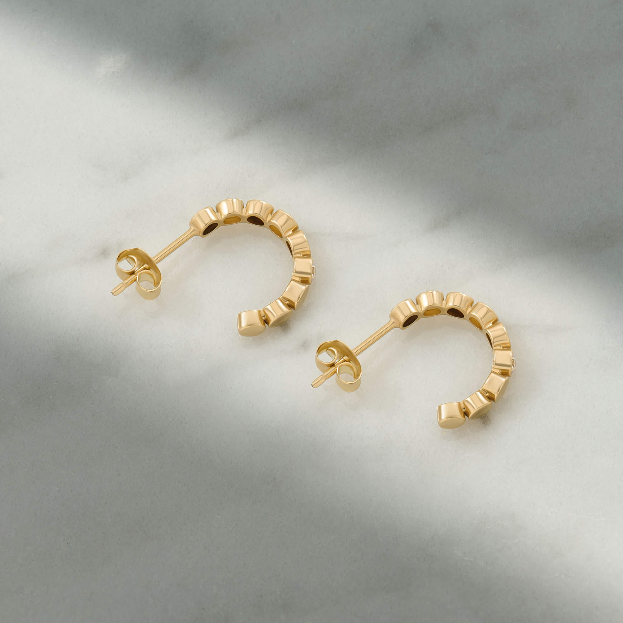 Real Yellow Gold Bezel Diamond Open Hoops