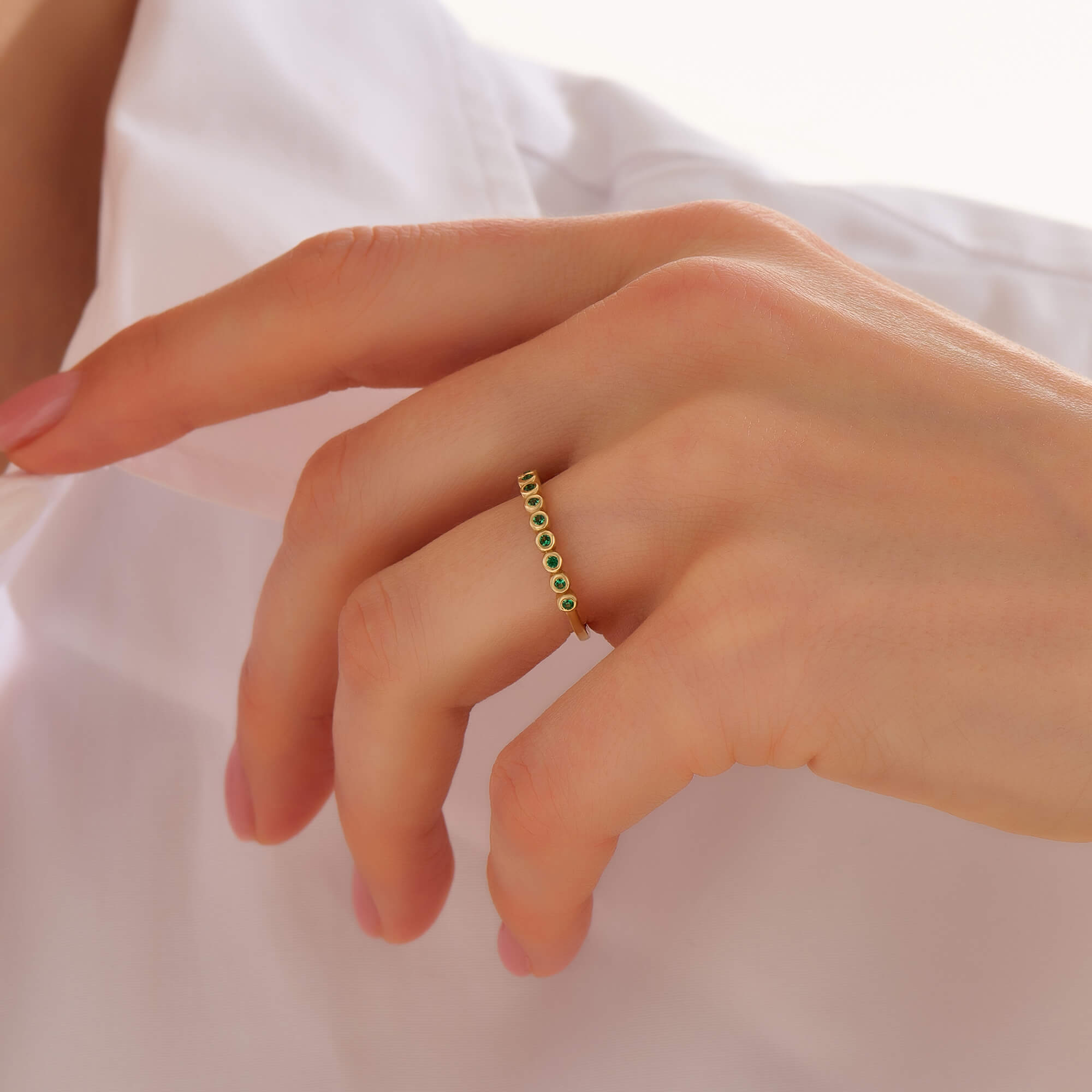 Women's Bezel Emerald Band Ring in Solid Gold