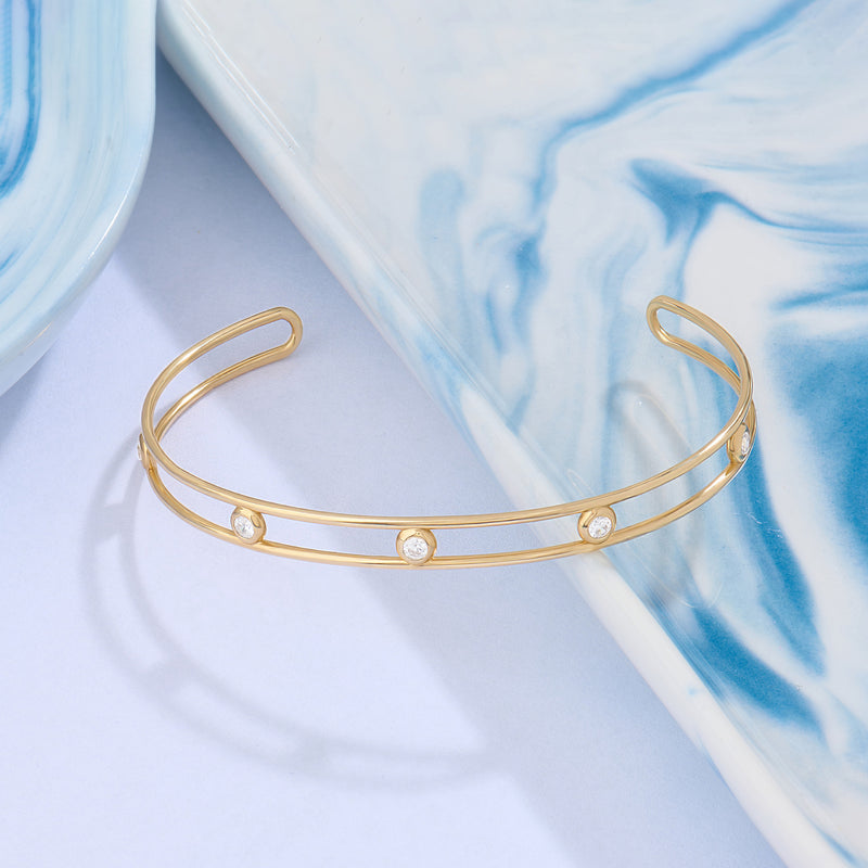 14K Solid Gold Double Wire Cuff Bracelet Paved with Bezel CZ