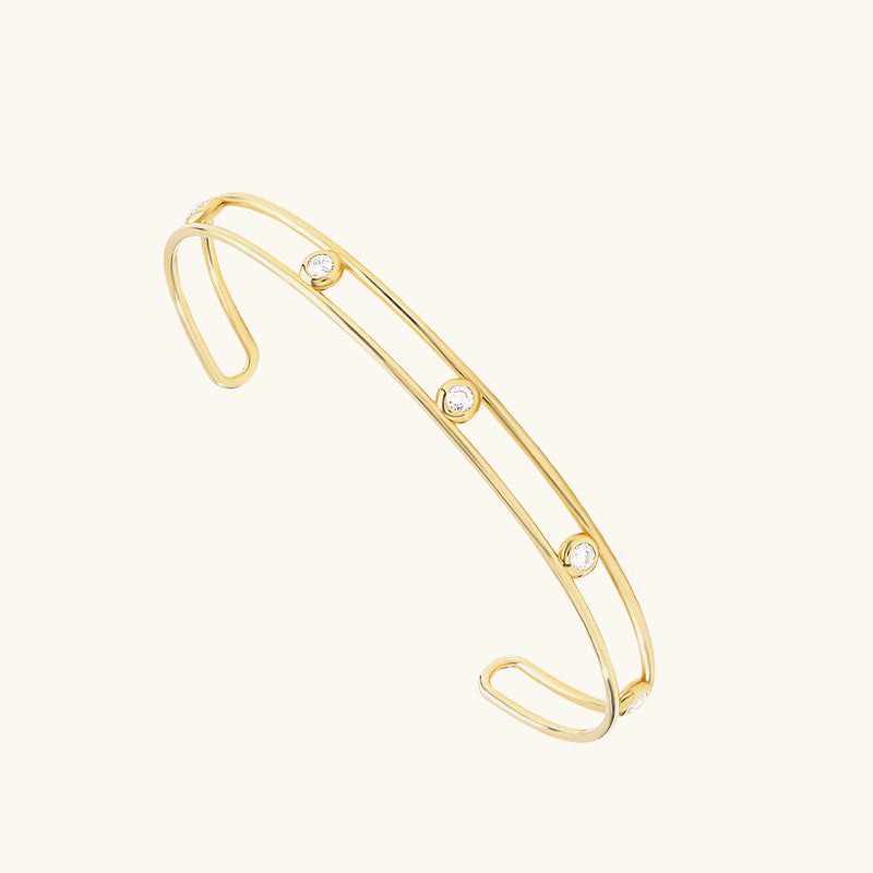 14K Real Gold Bezel Set Double Wire Open Cuff Bracelet for Women