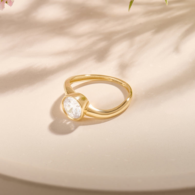 14K Real Gold Bezel Solitaire Wave Solitaire Ring