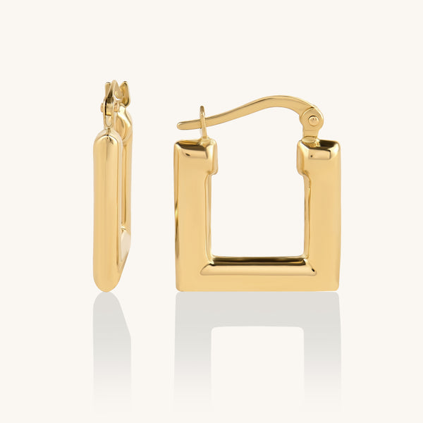 14K Solid Gold Block Hoop Earrings for Women