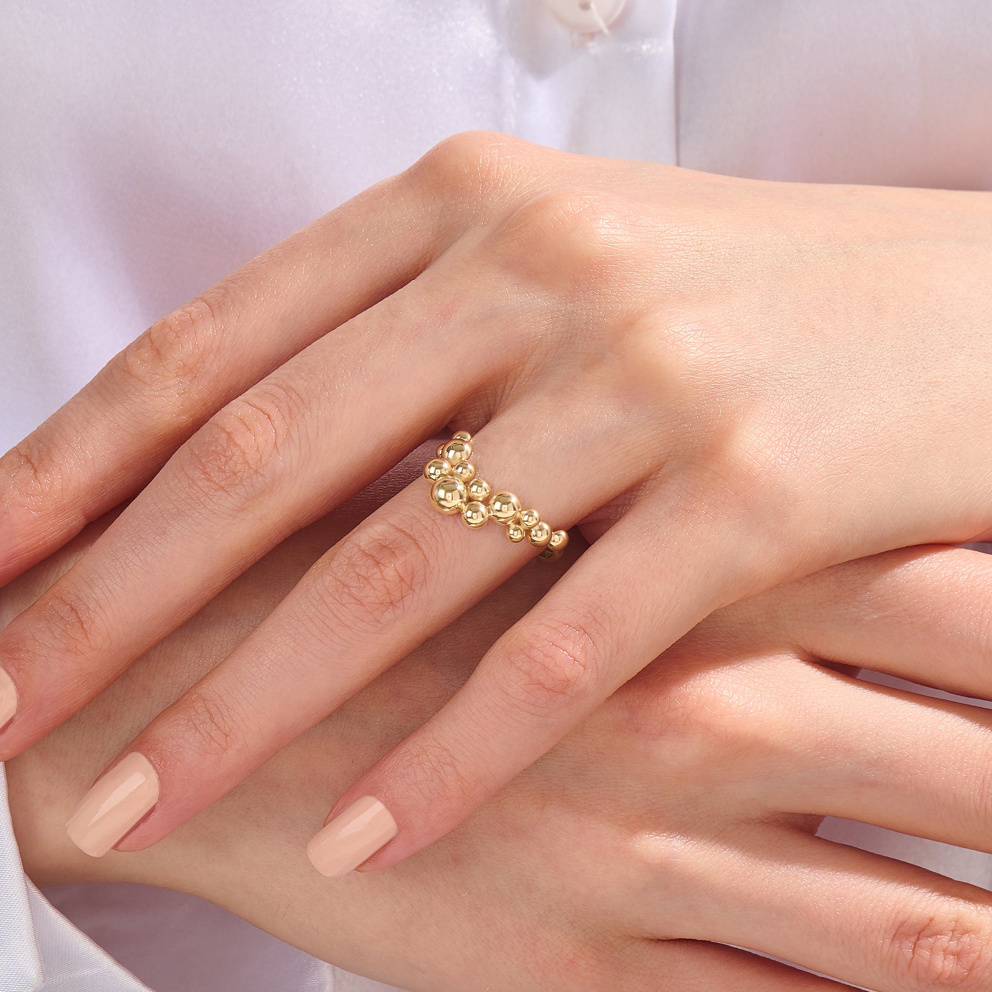 Real 14K Yellow Gold Buble Curve Ring