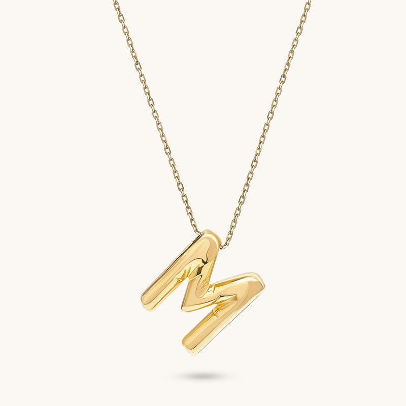 M Bubble Letter Necklace in 14K Gold