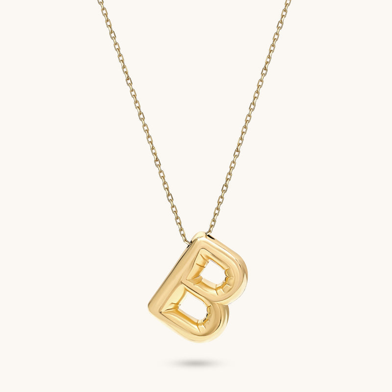 B Bubble Letter Necklace in 14K Gold