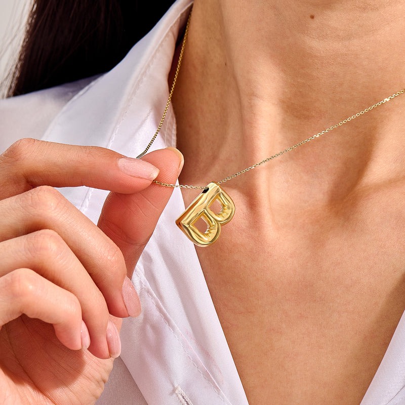 Yellow Gold Puffed Letter Necklace in 14K Gold