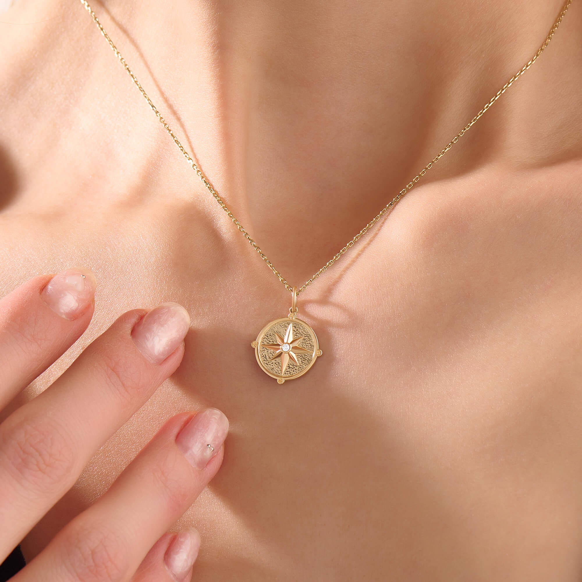Compass Coin Necklace in Real 14K Gold 