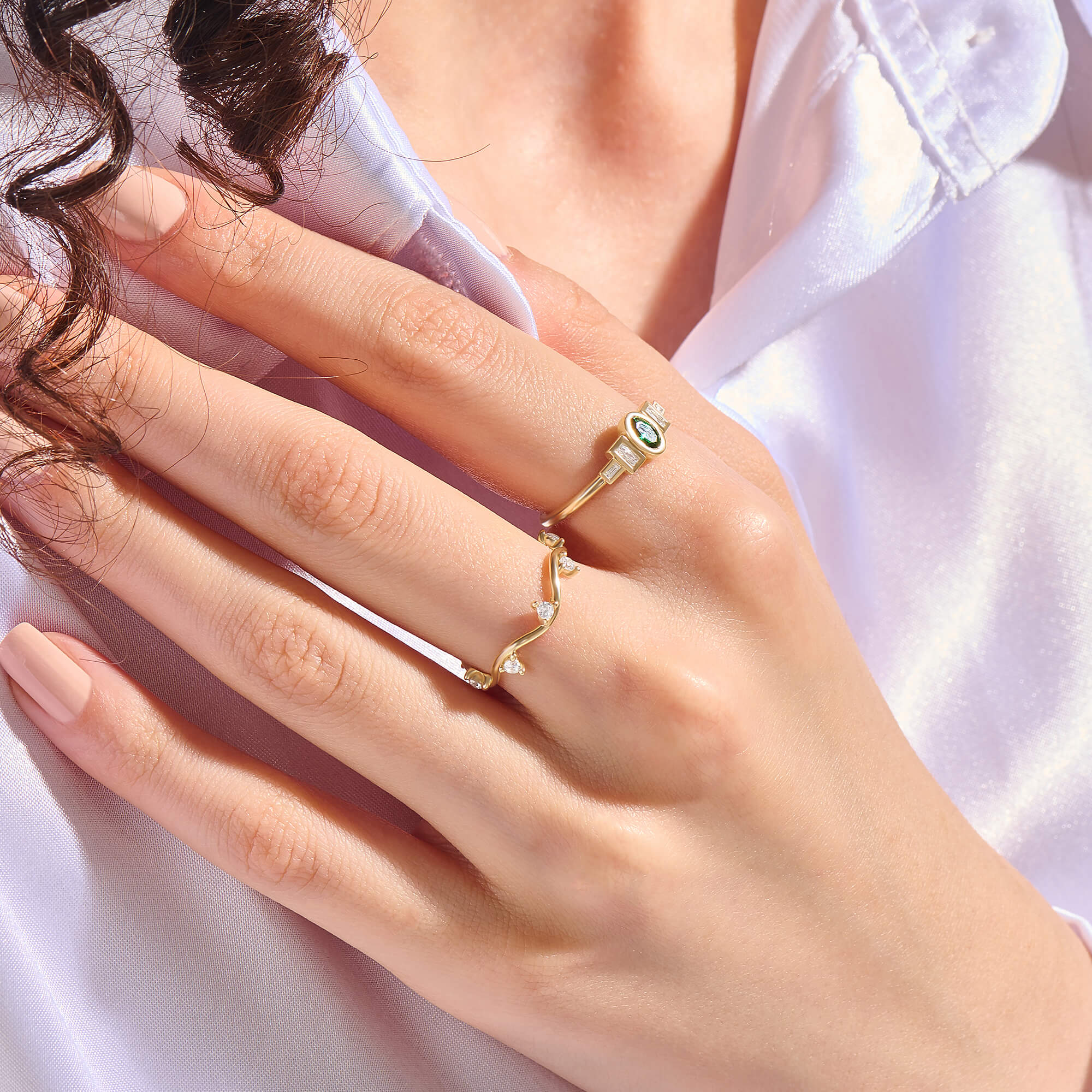 14K Real Gold Paved Wave Stacking Ring