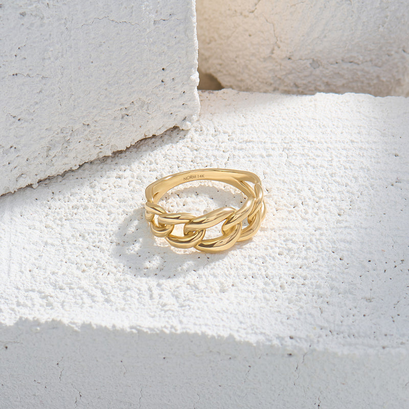 14K Solid Yellow Gold Bold Cuban Chain Statement Ring