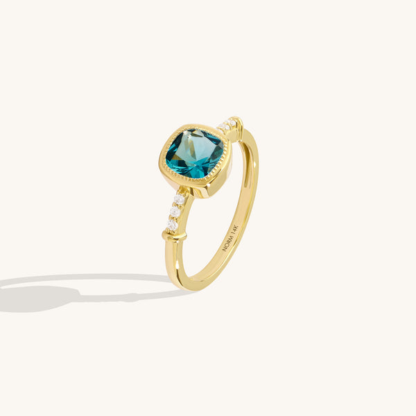 14k Real Gold Cushion Blue Topaz Solitaire Ring for Women
