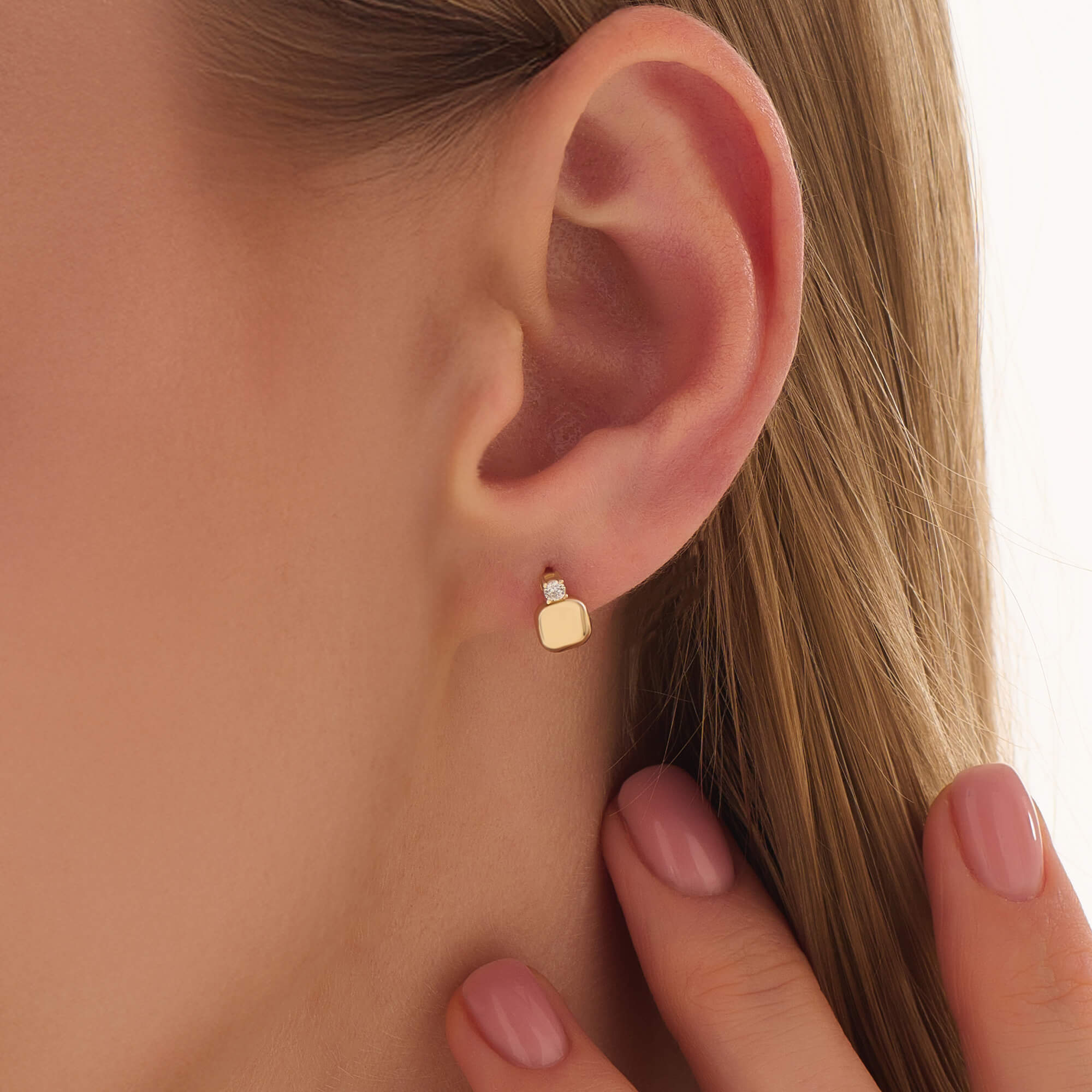 Women's Cushion Drop Diamond Stud Earrings in Solid Yellow Gold