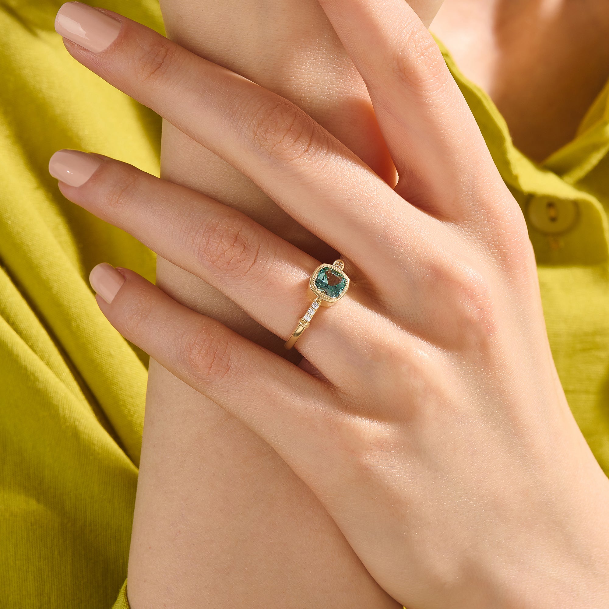 Women's 14K Solid Yellow Gold Cushion Mint Sapphire Solitaire Ring