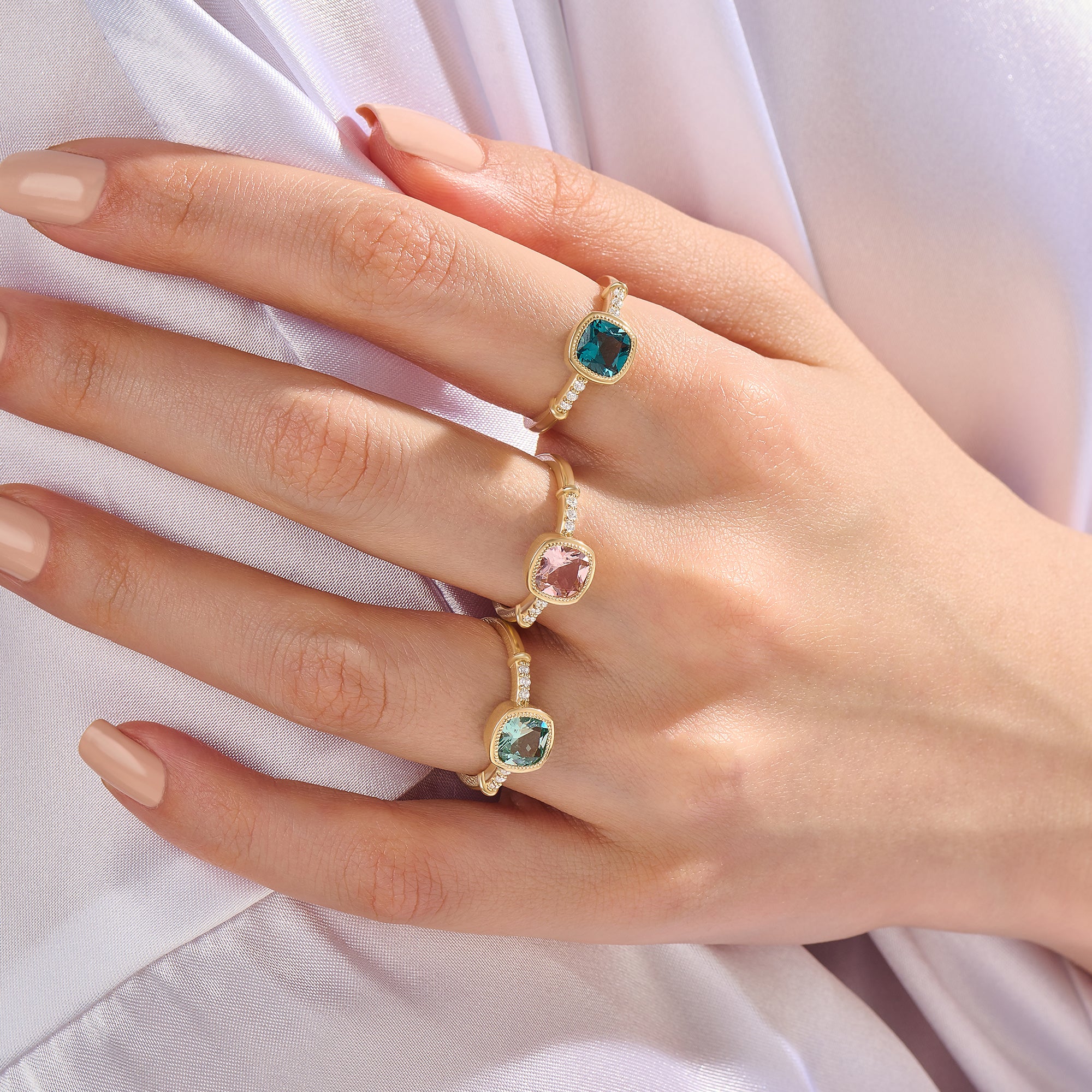 14K Solid Gold Cushion-Cut Peach Sapphire Solitaire Ring