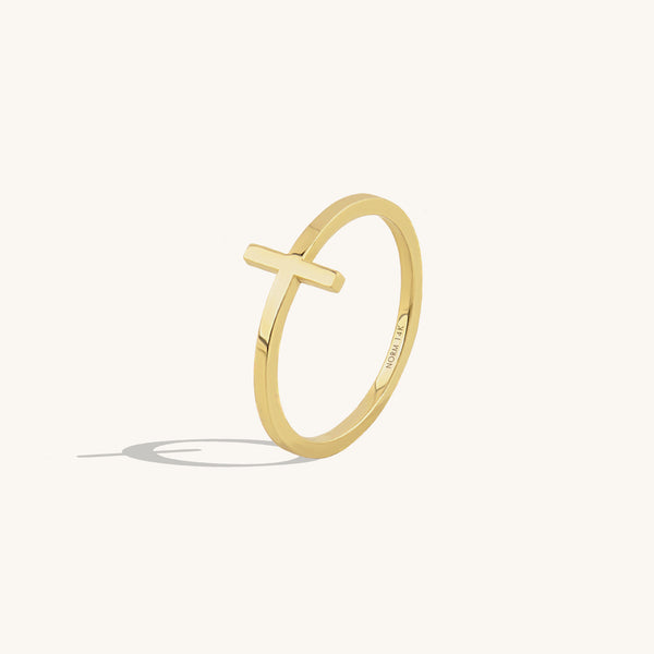 14k Solid Yellow Gold Minimal Cross Stacking Ring for Women