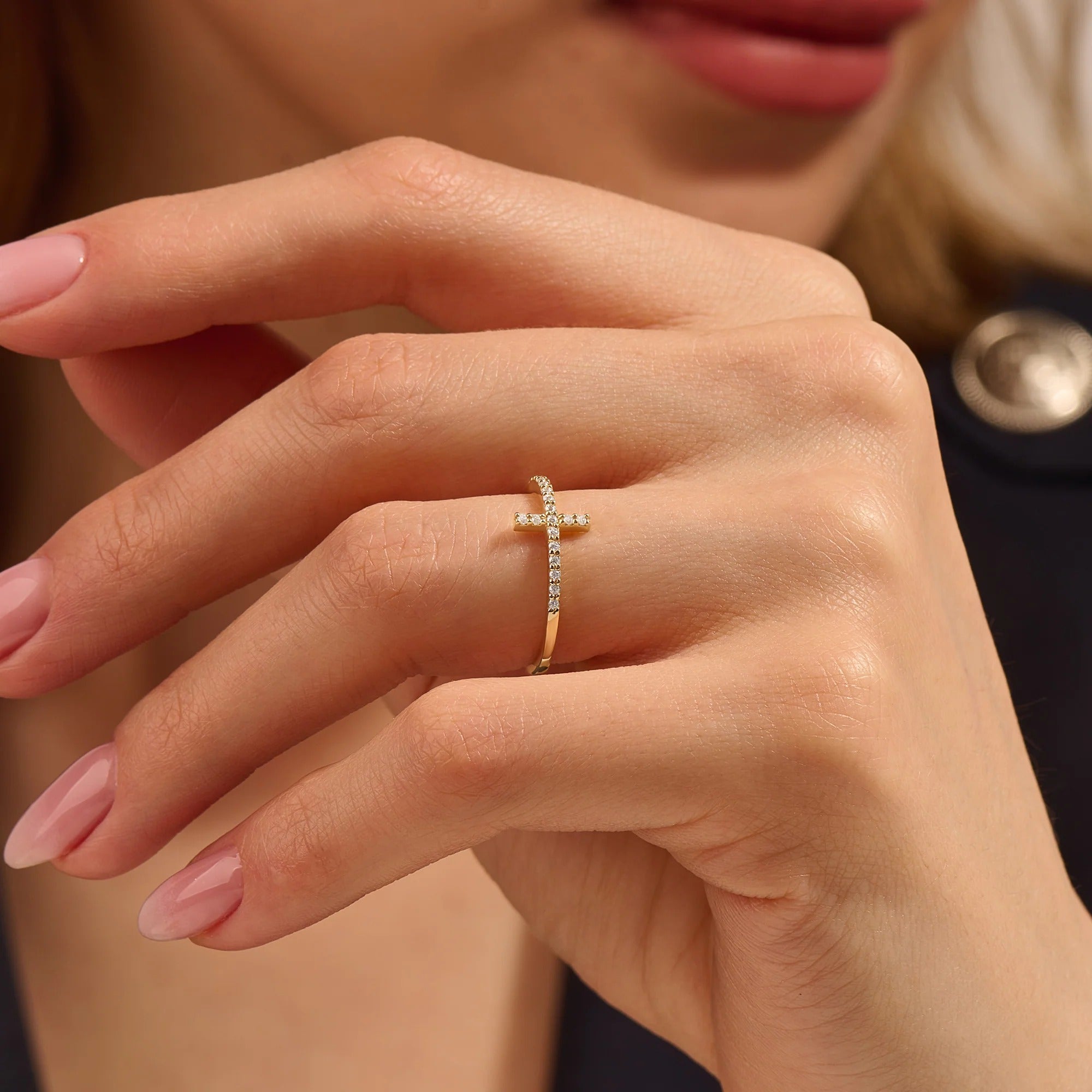 Women's Dainty Moissanite Cross Ring in Solid Yellow Gold