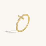 14k Real Yellow Gold Minimal Pave Cross Stacking Ring for Women