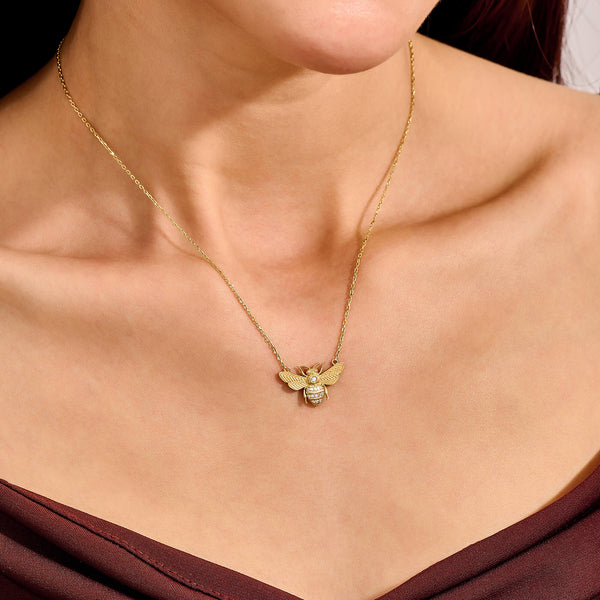 Diamond Bee Statement Necklace in 14K Real Gold