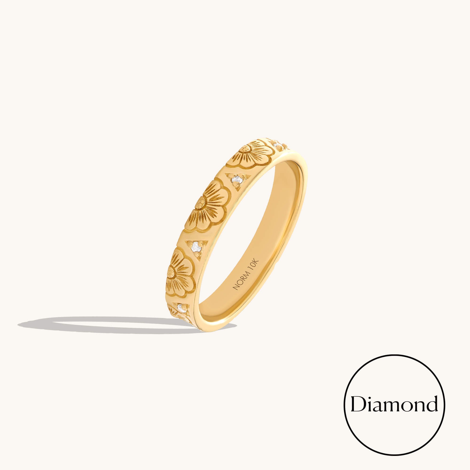Solid Gold Diamond Blossom Engraved Band Ring