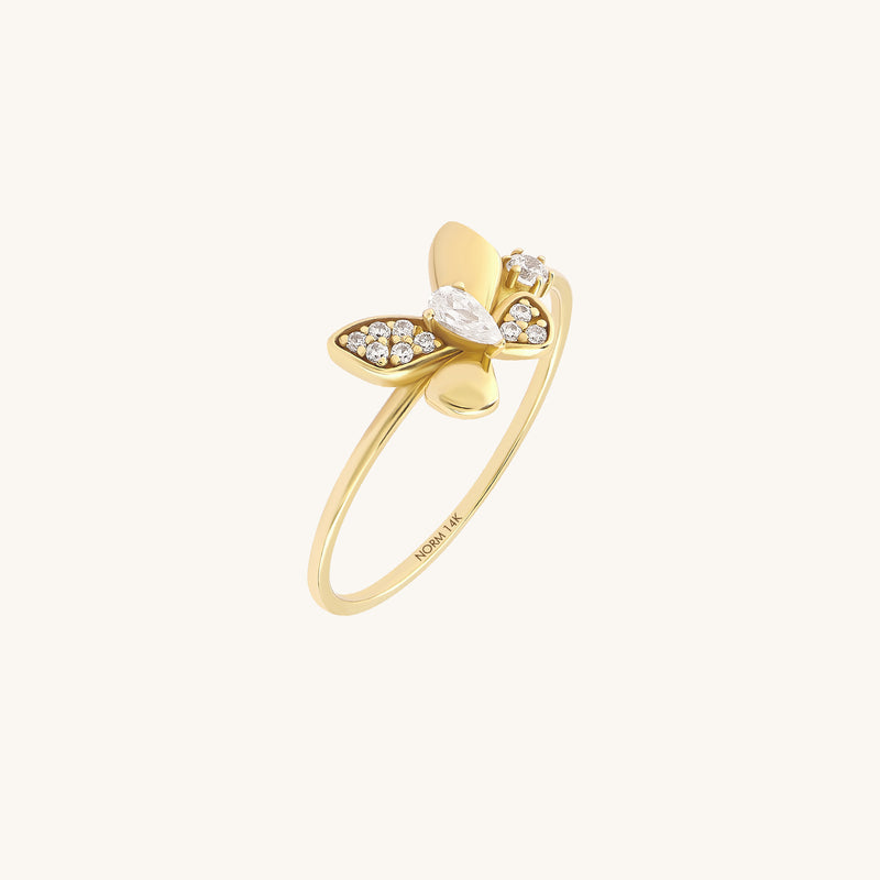 14K Gold Diamond Butterfly Ring - Yellow Gold