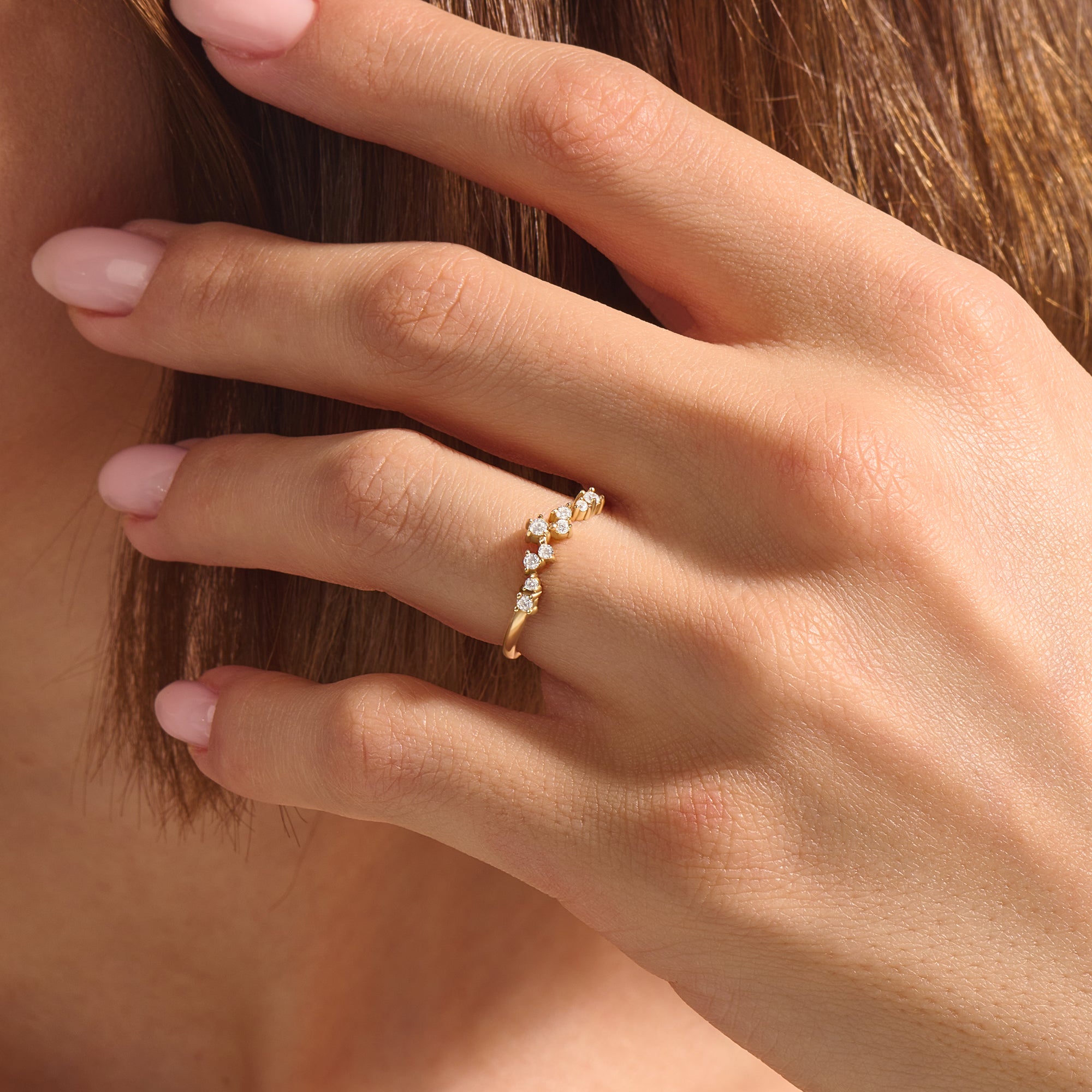 14k Real Gold 0.14ctw Diamond Cluster Curve Stacking Ring
