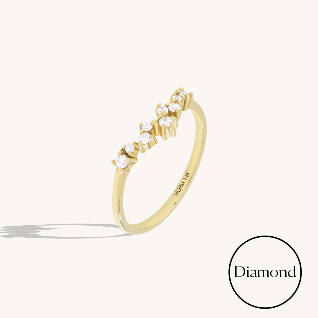 14k Real Gold 0.14ctw Diamond Cluster Curve Ring