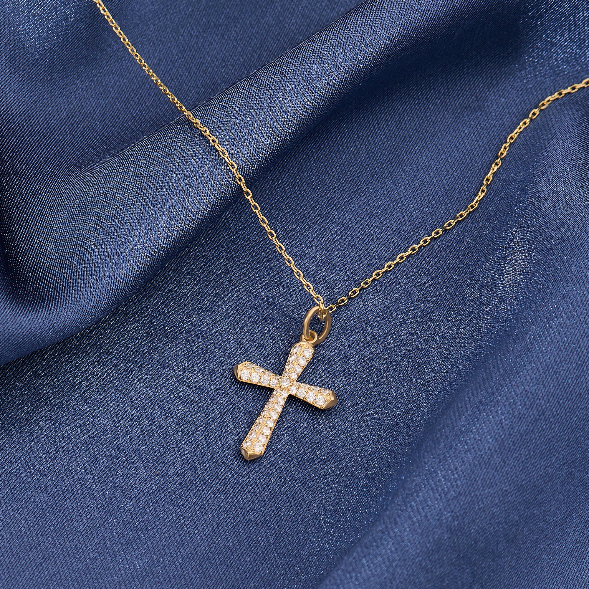 14K Real Gold 0.60 carat Diamond Pave Cross Necklace