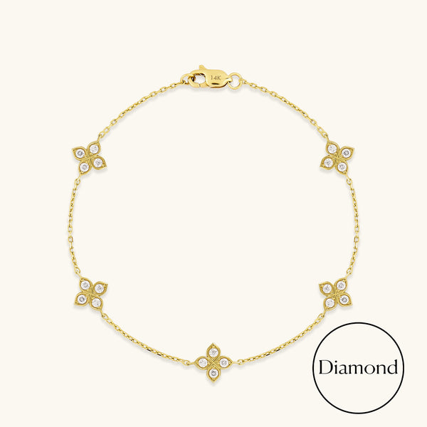 Women's Diamond Flower Bracelet in 14K Real Yellow Gold