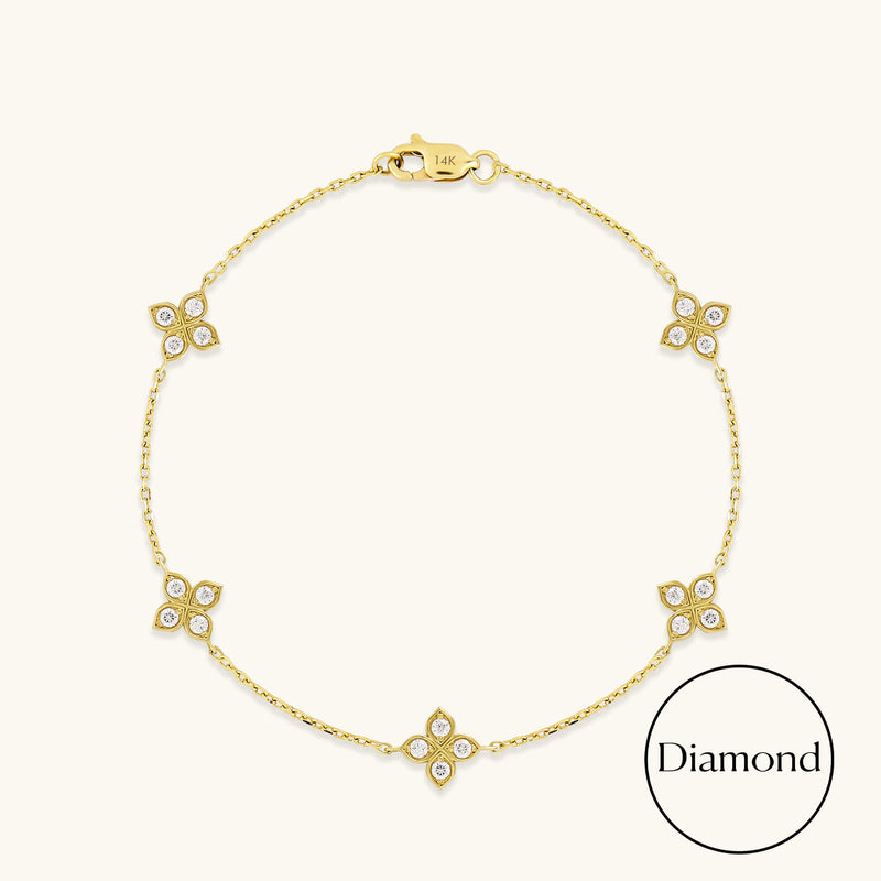 Women's Diamond Flower Bracelet in 14K Real Yellow Gold