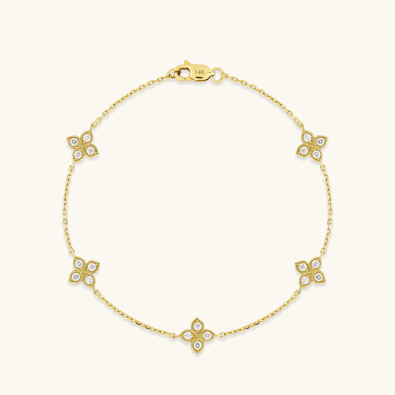 Diamond Flower Bracelet in 14K Solid Yellow Gold