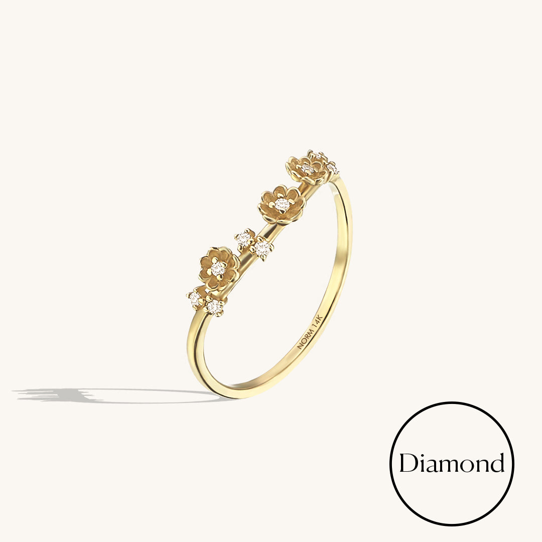 Designer's Diamond Flower Curved Stacking Ring in 14k Real Gold