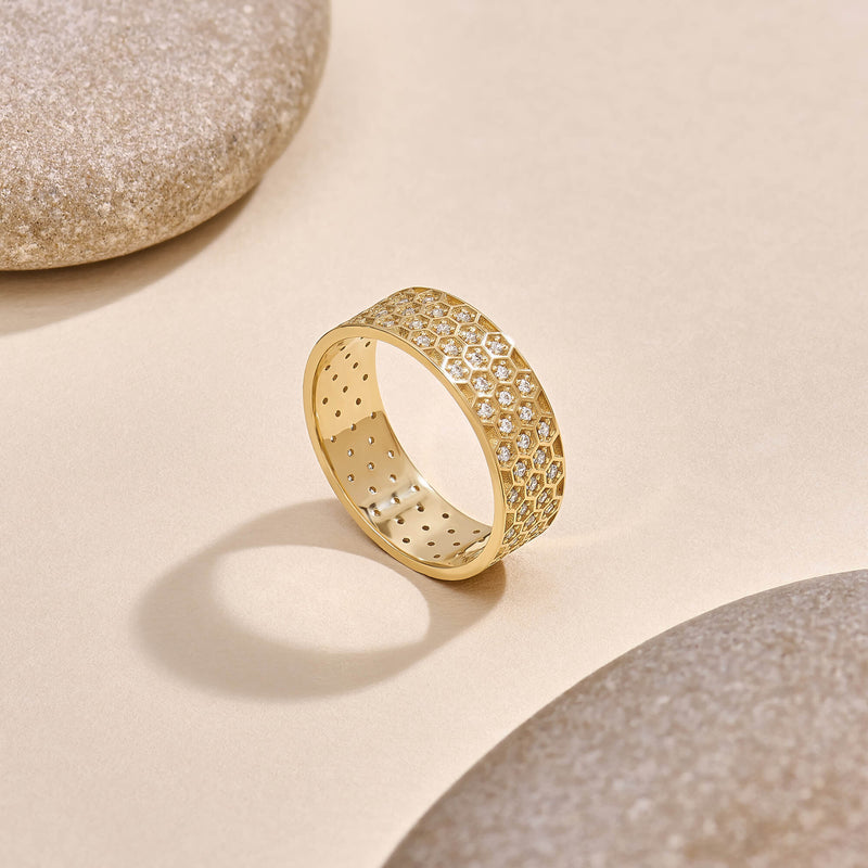 Diamond Honeycomb 6mm Band Ring in 14k Solid Gold