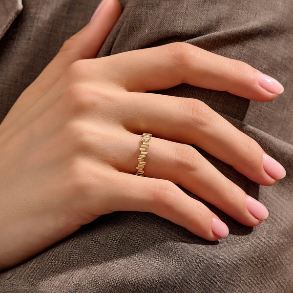 Women's Irregular Bars Ring with Diamonds in Solid Yellow Gold