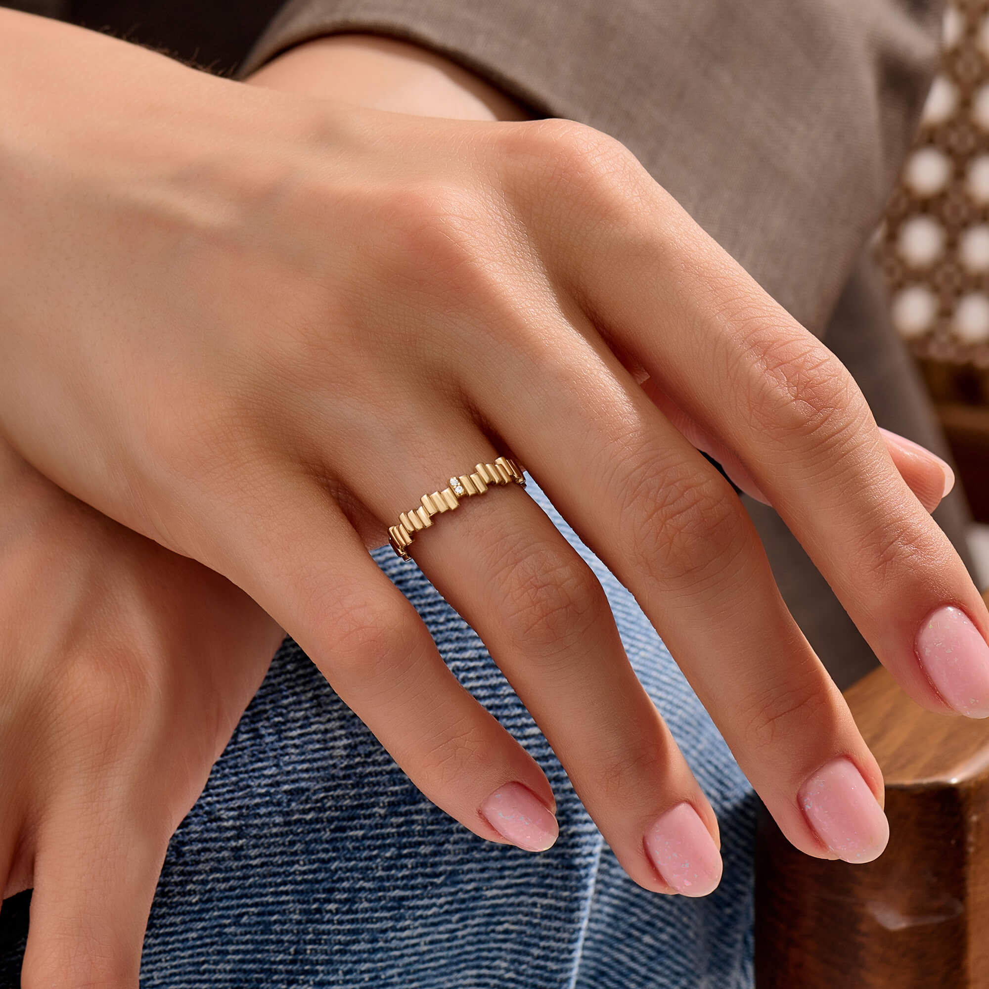Women's Diamond Irregular Bars Ring in Real Gold