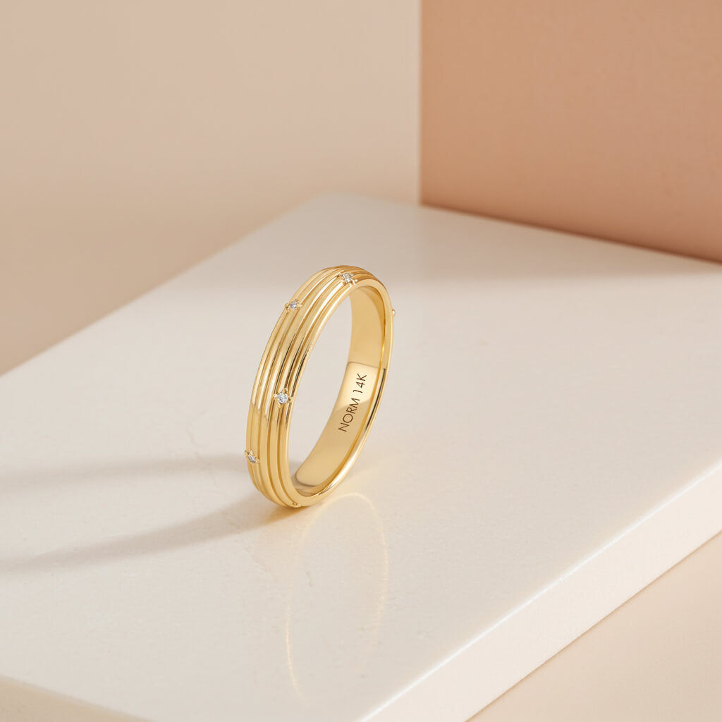 Diamond Linear Women's Band Ring in Solid Yellow Gold