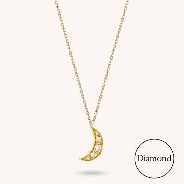 14K Real Gold 0.25ctw Diamond Crescent Moon Necklace