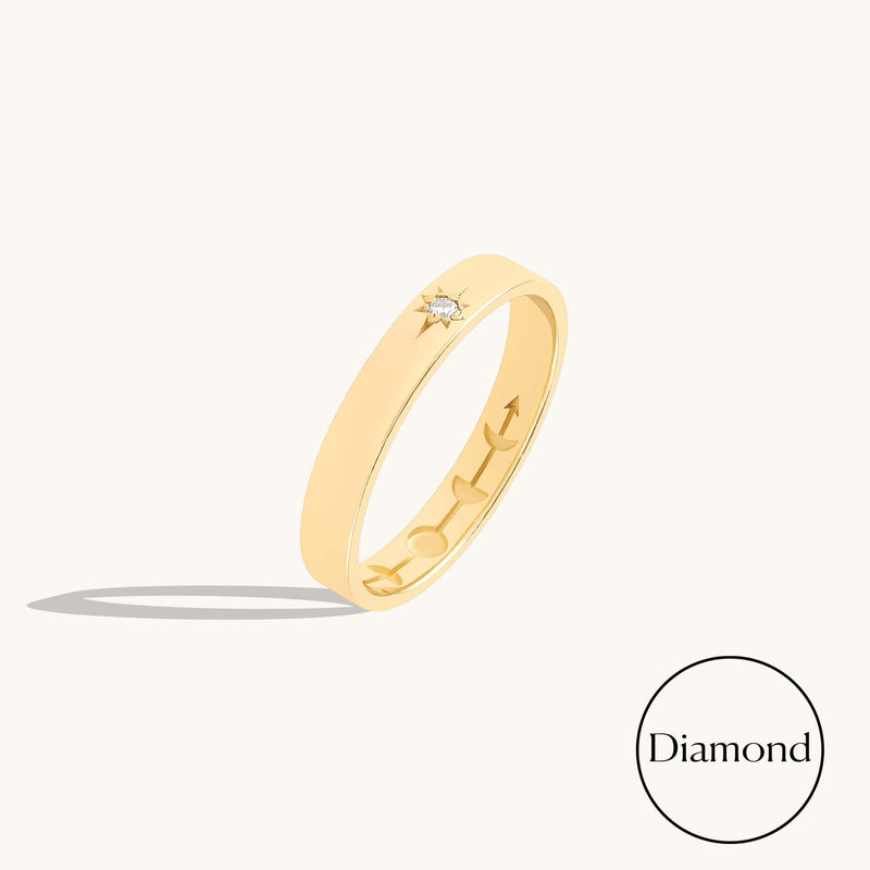 Diamond Moon Phase Starburst Band Ring in Solid Gold
