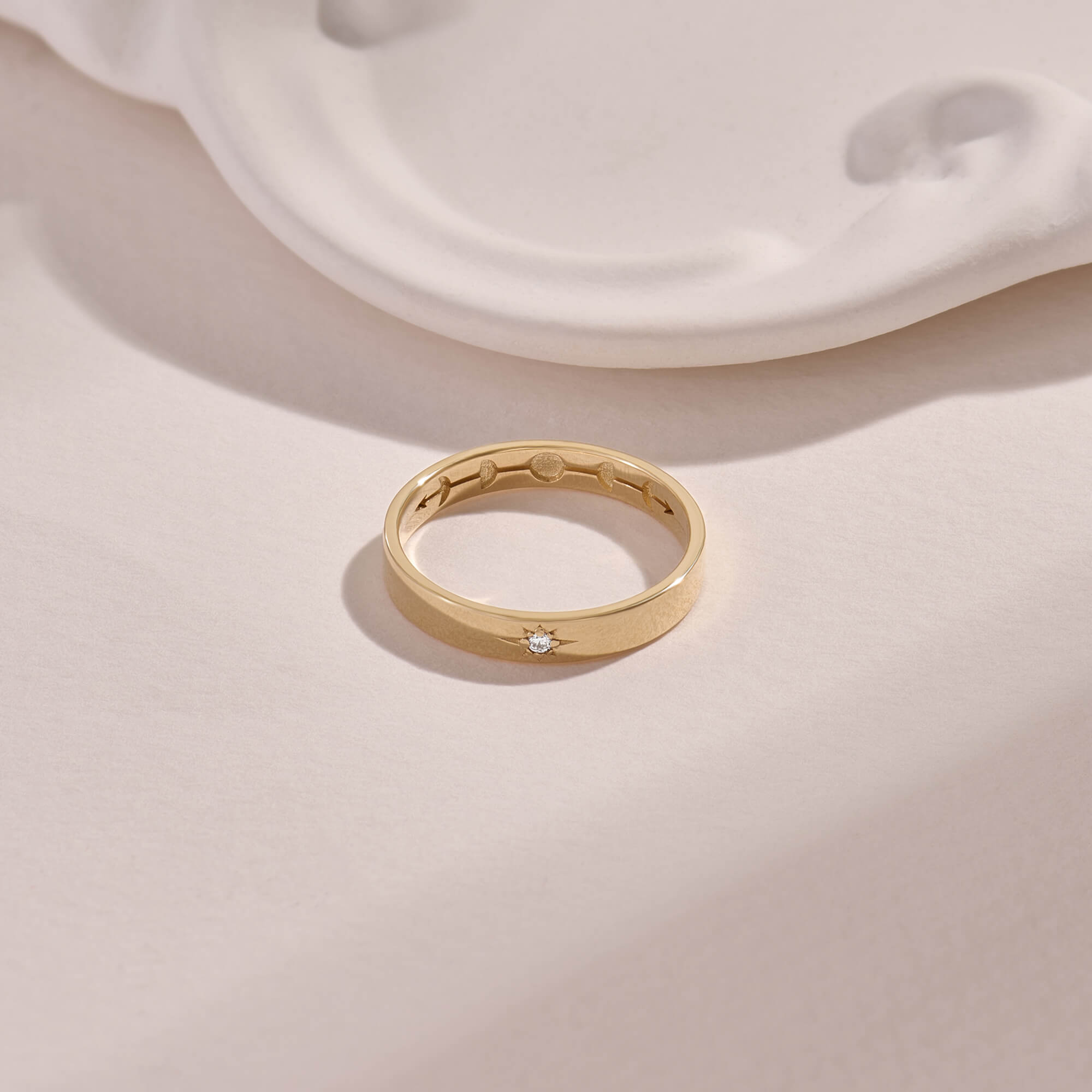 Diamond Moon Phase Starburst Band Ring in Real Solid Gold