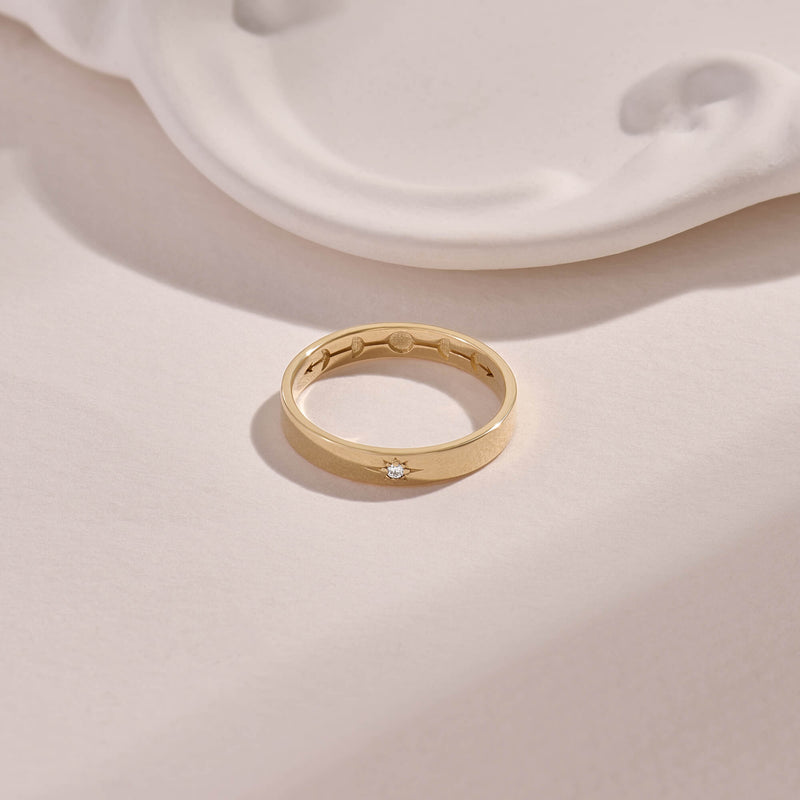 Diamond Moon Phase Starburst Band Ring in Real Solid Gold