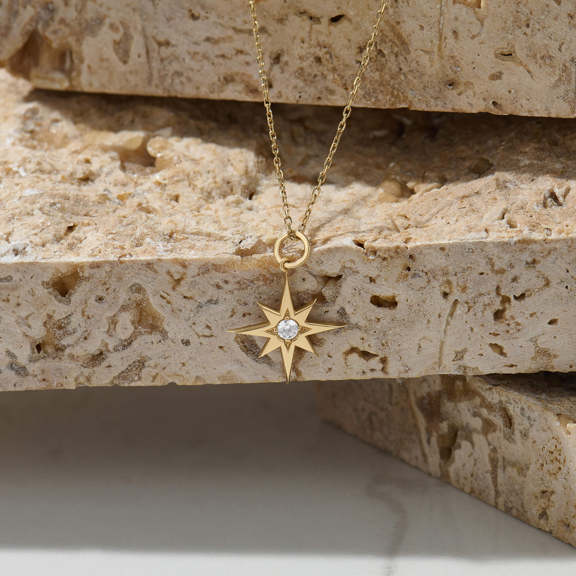 Women's North Star Necklace with Diamond in 14K Solid Gold 