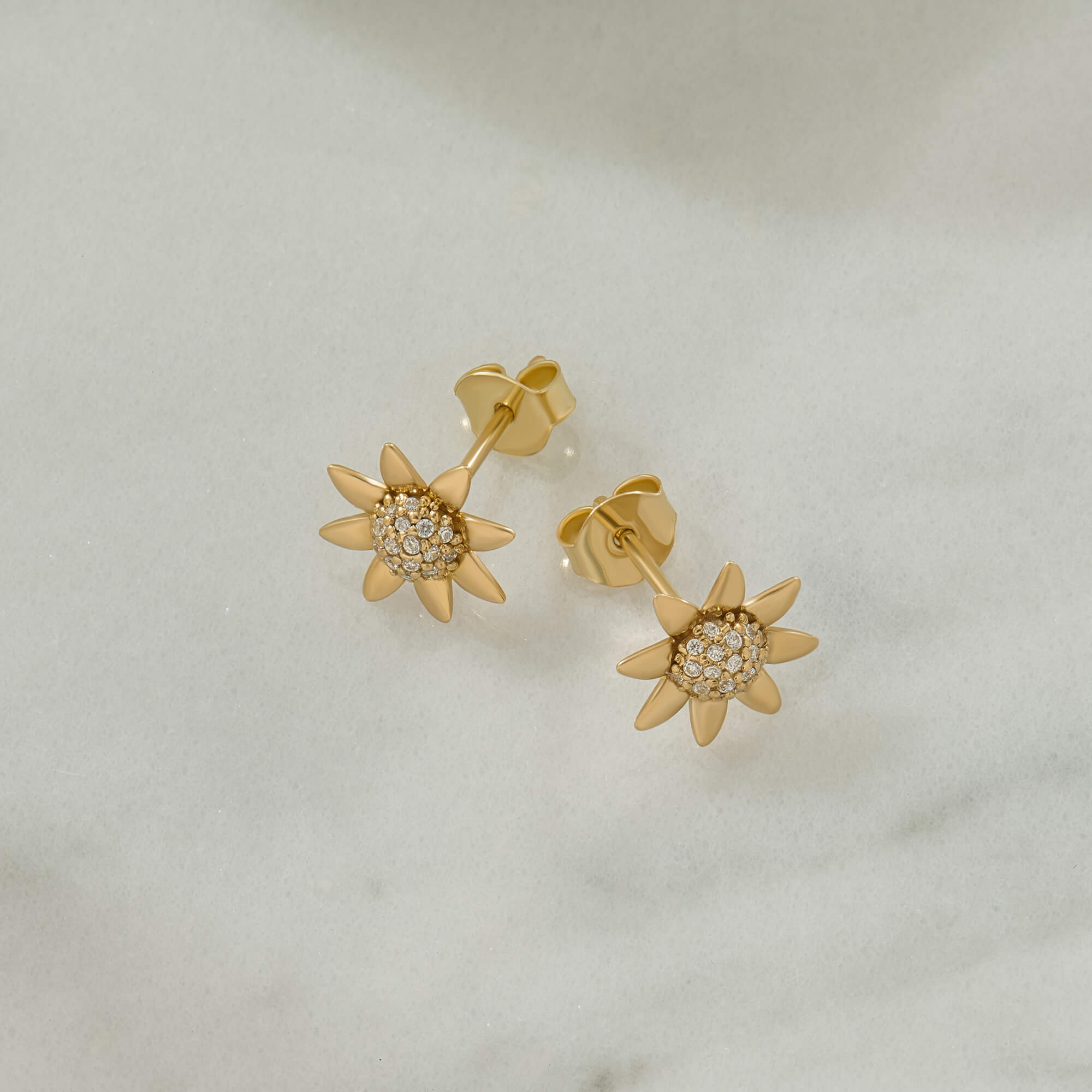 Diamond Sunflower Design Studs in Real Gold