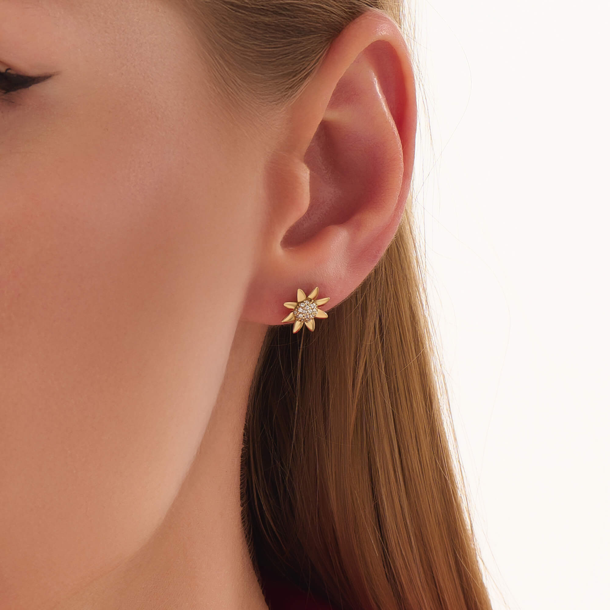 Women's Real Yellow Gold Diamond Sunflower Studs