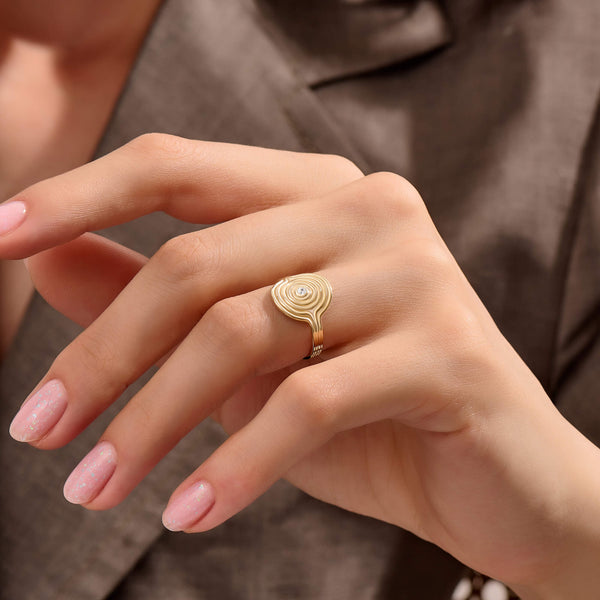 Women's Diamond Swirl Signet Ring in Solid Yellow Gold