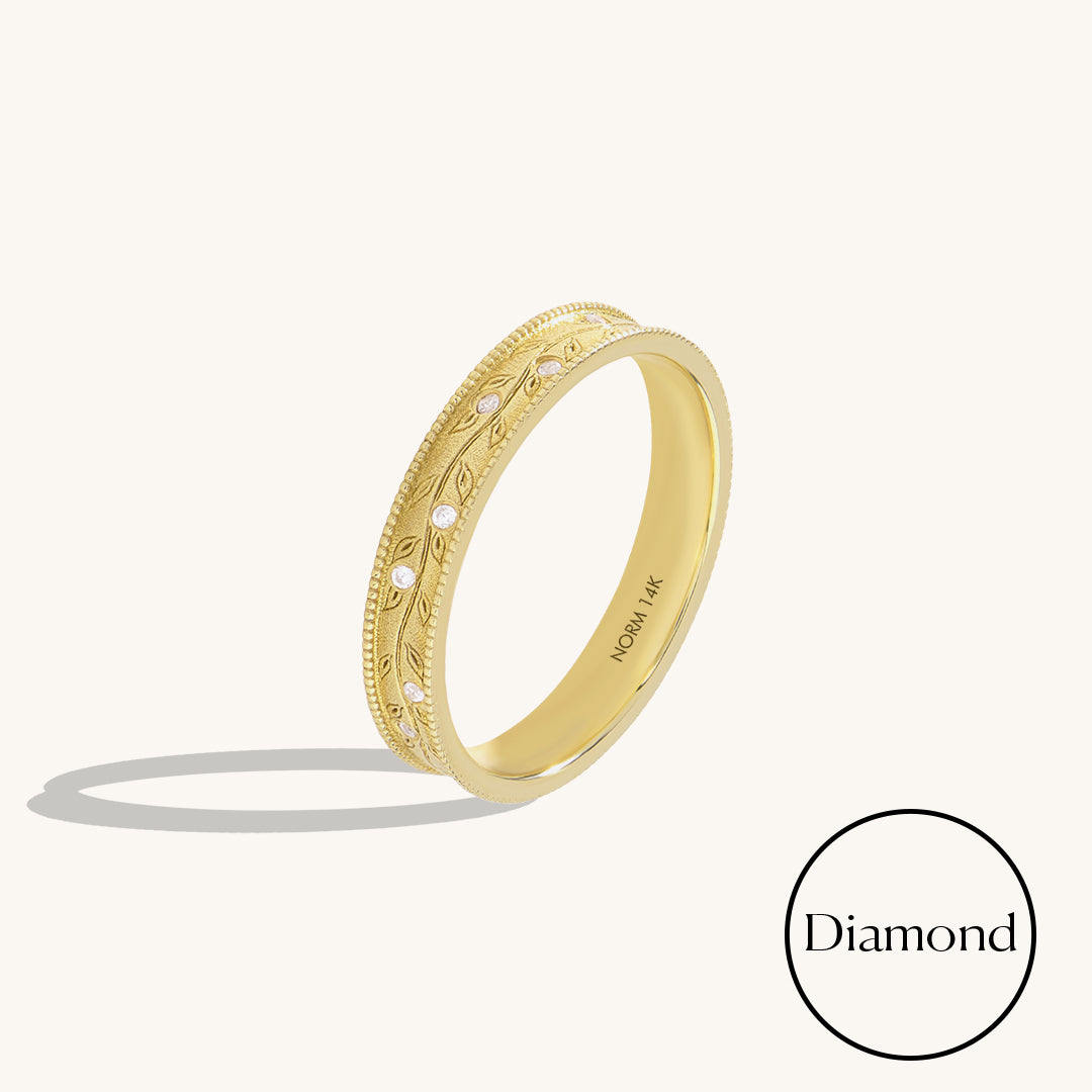 Women's 14k Real Gold Vintage Inspired Diamond Vine Wedding Band