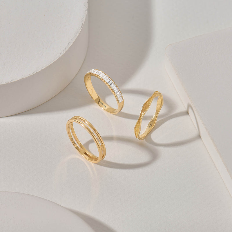 Double Line Ring and Sunburst Wave Band Ring in 14k Solid Gold