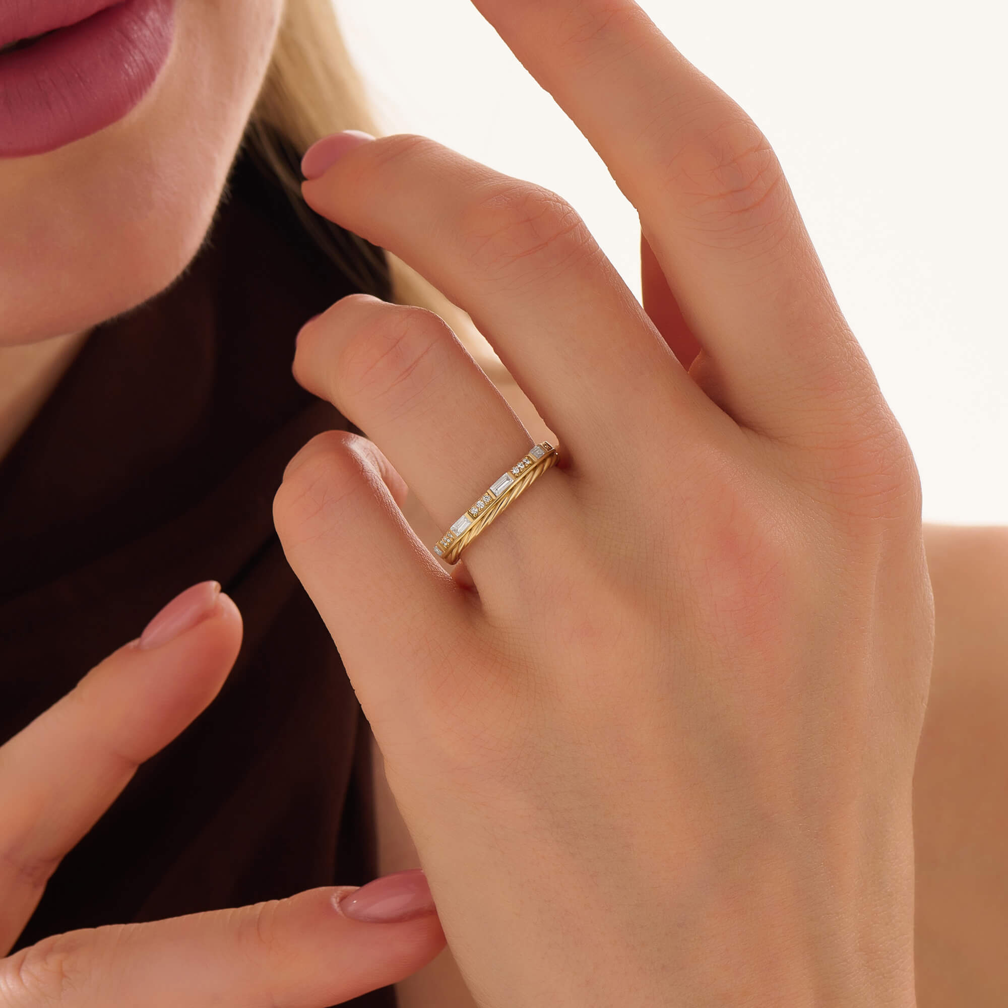 Women's Solid Gold Double Row Moissanite Baguette Ring