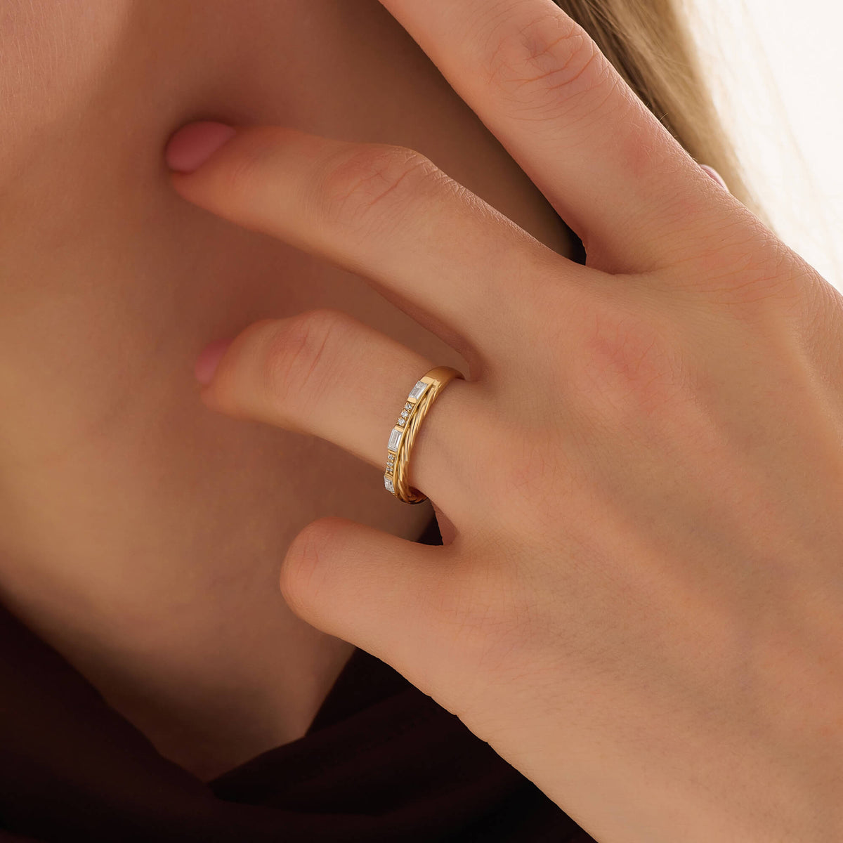 Women's Double Row Moissanite Baguette Ring in Yellow Gold