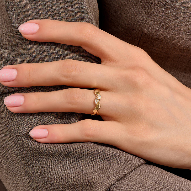 Women's Double Wave Design Diamond Band Ring in Real Gold