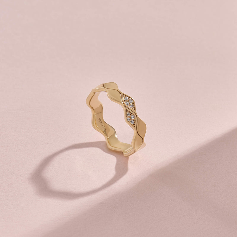 Double Wave Diamond Band Ring in Real Yellow Gold